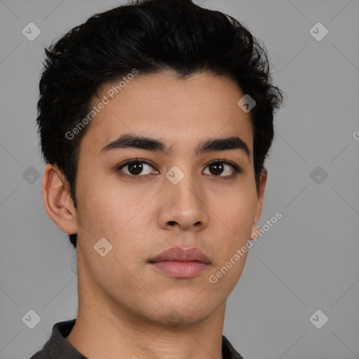 Neutral asian young-adult male with short  black hair and brown eyes