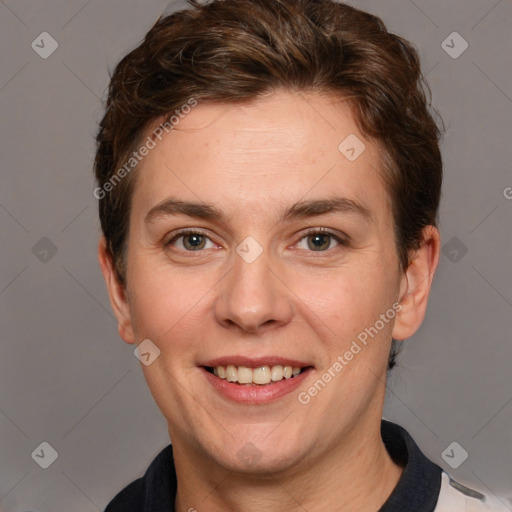 Joyful white adult female with short  brown hair and grey eyes