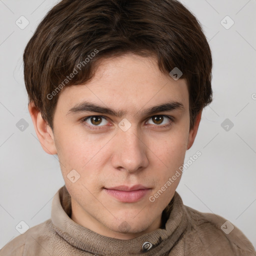 Neutral white young-adult male with short  brown hair and grey eyes