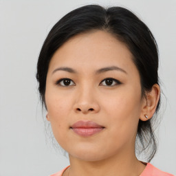 Neutral asian young-adult female with medium  black hair and brown eyes