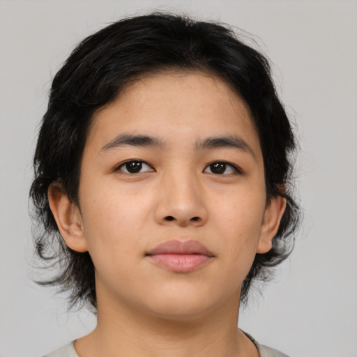 Neutral asian young-adult female with medium  black hair and brown eyes