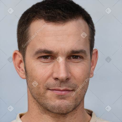 Neutral white adult male with short  brown hair and brown eyes