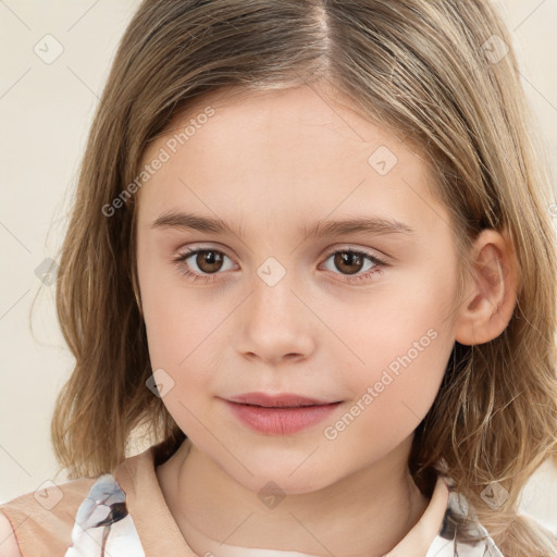 Joyful white child female with medium  brown hair and brown eyes