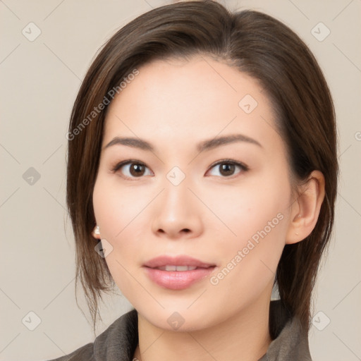 Neutral white young-adult female with medium  brown hair and brown eyes