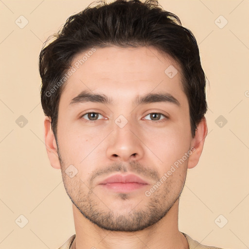 Neutral white young-adult male with short  brown hair and brown eyes