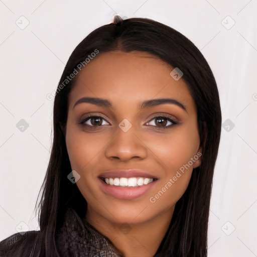 Joyful latino young-adult female with long  black hair and brown eyes