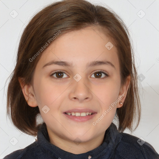 Joyful white child female with medium  brown hair and brown eyes