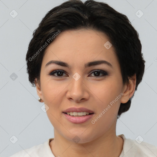 Joyful white young-adult female with medium  black hair and brown eyes