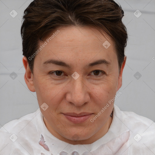 Joyful white adult female with short  brown hair and brown eyes