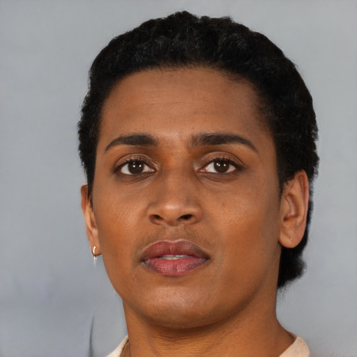 Neutral black young-adult female with short  black hair and brown eyes