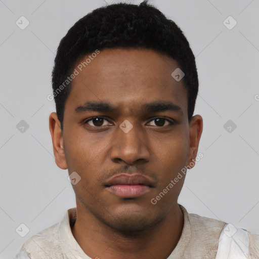 Neutral black young-adult male with short  black hair and brown eyes