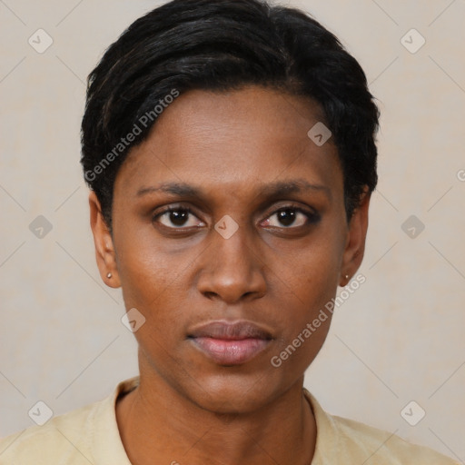 Neutral black young-adult female with short  black hair and brown eyes