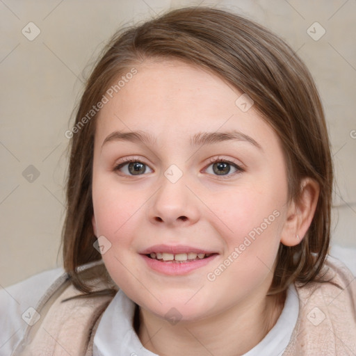 Joyful white child female with medium  brown hair and blue eyes