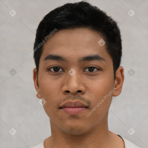 Neutral asian young-adult male with short  black hair and brown eyes