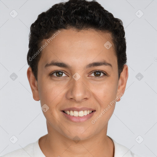 Joyful white young-adult female with short  brown hair and brown eyes