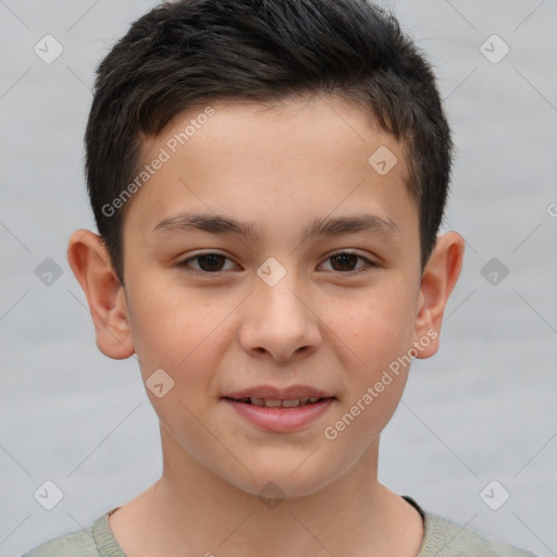 Joyful white child male with short  brown hair and brown eyes