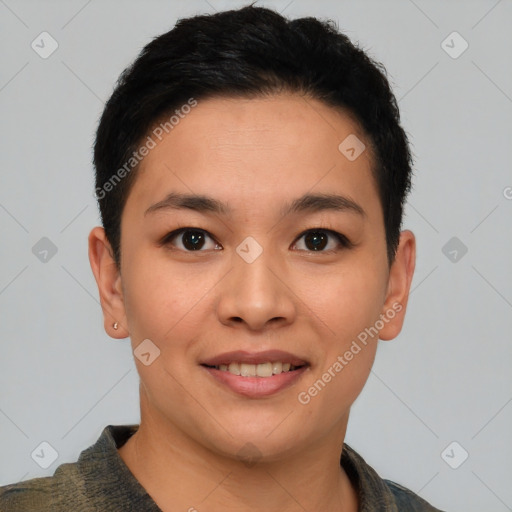 Joyful asian young-adult female with short  brown hair and brown eyes