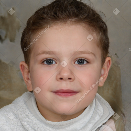 Joyful white child female with short  brown hair and brown eyes