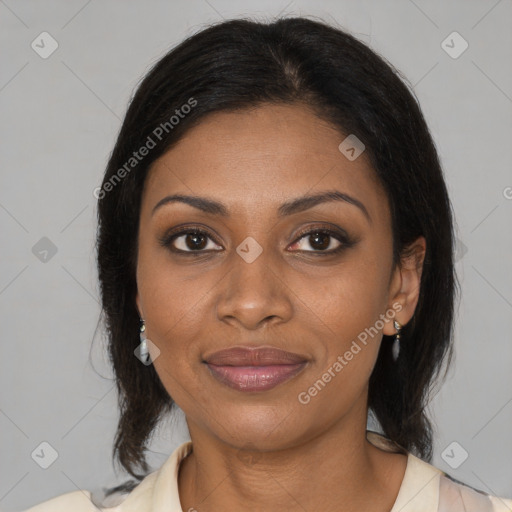 Joyful black young-adult female with medium  brown hair and brown eyes