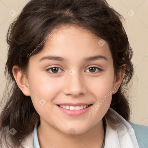 Joyful white child female with medium  brown hair and brown eyes