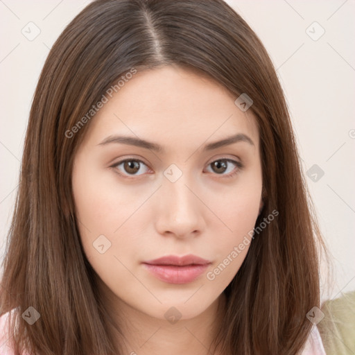 Neutral white young-adult female with long  brown hair and brown eyes