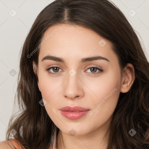 Neutral white young-adult female with long  brown hair and brown eyes