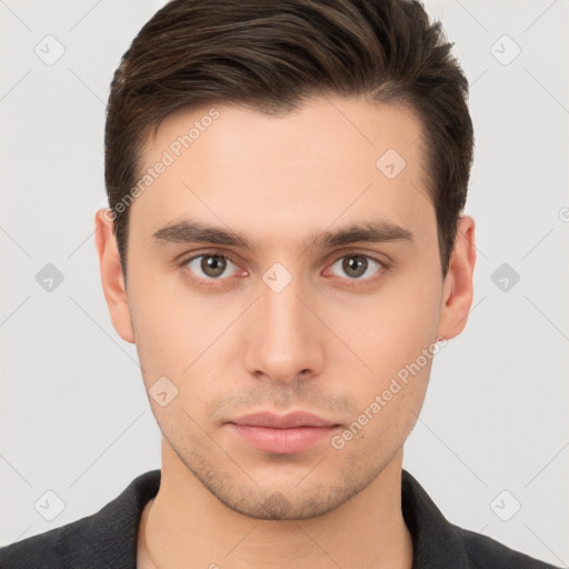 Neutral white young-adult male with short  brown hair and brown eyes