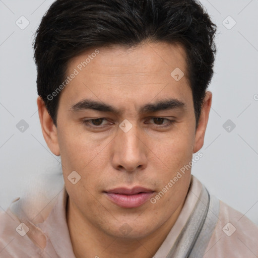 Neutral asian young-adult male with short  brown hair and brown eyes