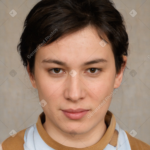 Neutral white young-adult female with medium  brown hair and brown eyes