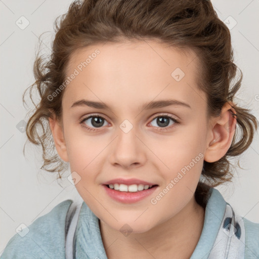 Joyful white child female with medium  brown hair and brown eyes