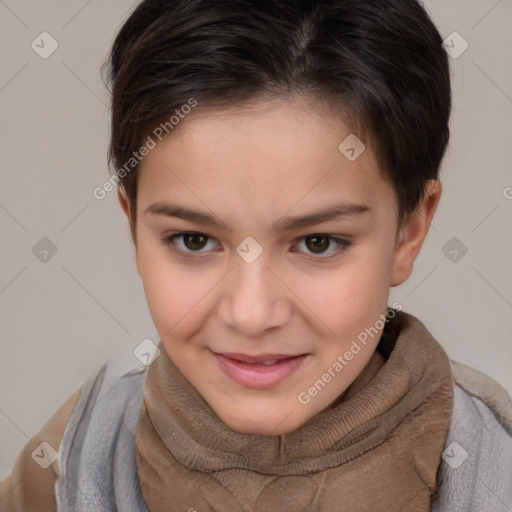 Joyful white child female with short  brown hair and brown eyes