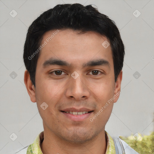 Joyful asian young-adult male with short  black hair and brown eyes