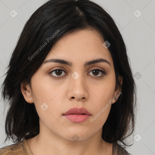 Neutral asian young-adult female with medium  black hair and brown eyes