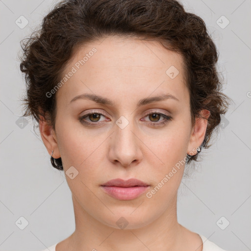 Neutral white young-adult female with short  brown hair and brown eyes