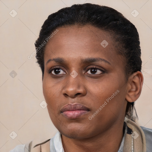 Joyful black young-adult female with short  black hair and brown eyes