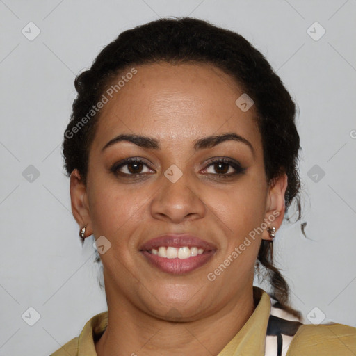 Joyful latino young-adult female with short  brown hair and brown eyes