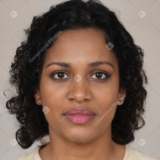 Joyful black young-adult female with medium  brown hair and brown eyes