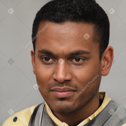 Neutral latino young-adult male with short  brown hair and brown eyes