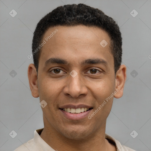 Joyful latino young-adult male with short  black hair and brown eyes