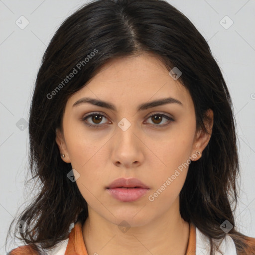 Neutral asian young-adult female with medium  brown hair and brown eyes