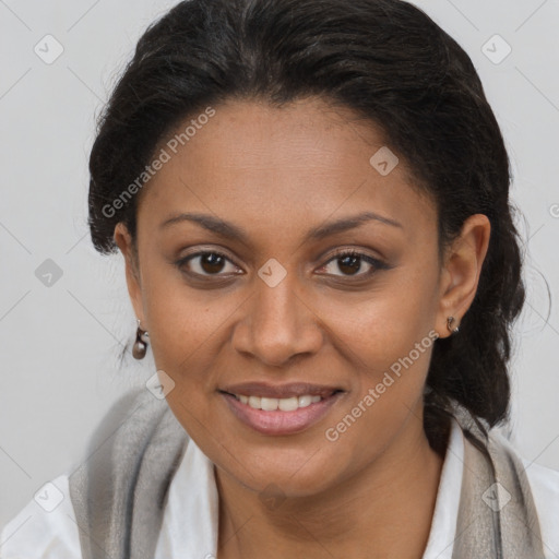 Joyful black young-adult female with long  brown hair and brown eyes