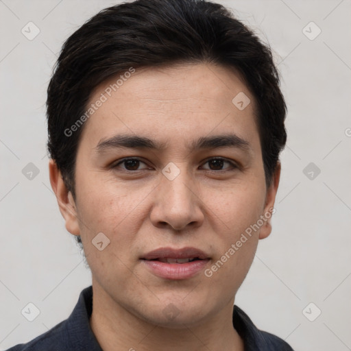 Joyful white young-adult male with short  black hair and brown eyes