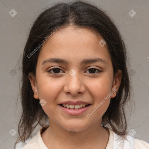 Joyful white child female with medium  brown hair and brown eyes