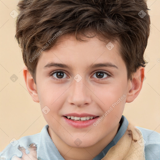 Joyful white child male with short  brown hair and brown eyes