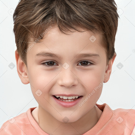 Joyful white child male with short  brown hair and brown eyes