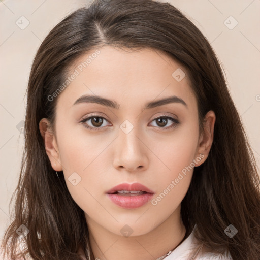 Neutral white young-adult female with long  brown hair and brown eyes