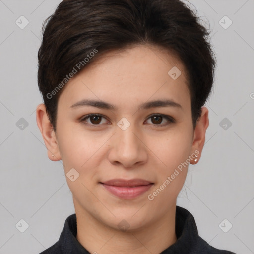 Joyful white young-adult female with short  brown hair and brown eyes