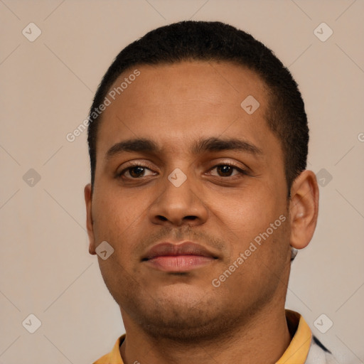 Neutral latino young-adult male with short  black hair and brown eyes