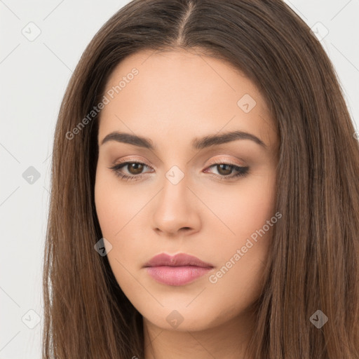 Neutral white young-adult female with long  brown hair and brown eyes