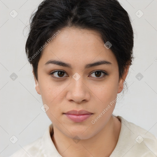 Neutral asian young-adult female with short  brown hair and brown eyes